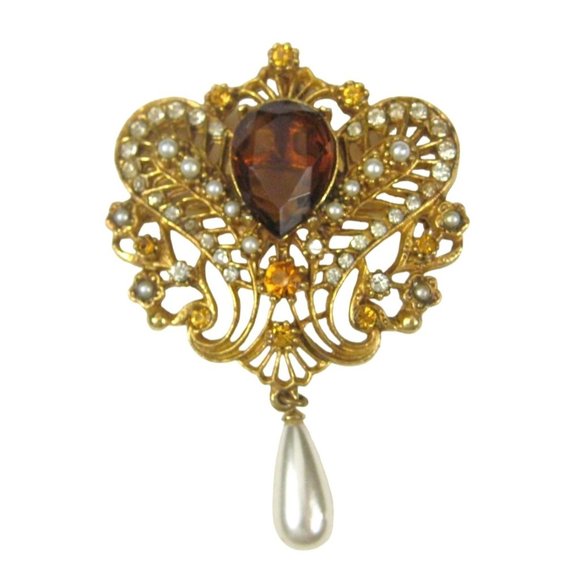 Statement Brooch 2.7 in Dangle Imitation Pearl Pin Goldtone Pendant Rhinestones - Picture 1 of 7